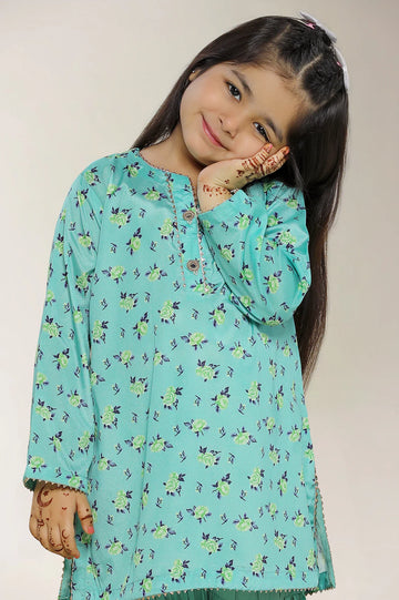 Printed Silk Green Girls 2PC