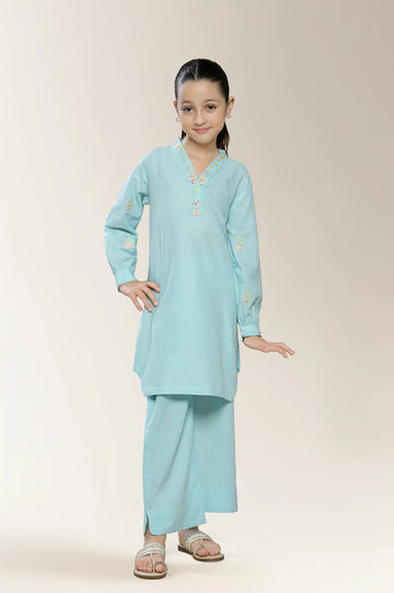 Embroidered Sky Blue Girls 2PC