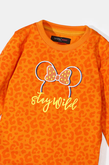 Orange Printed Girls Sweatshirt