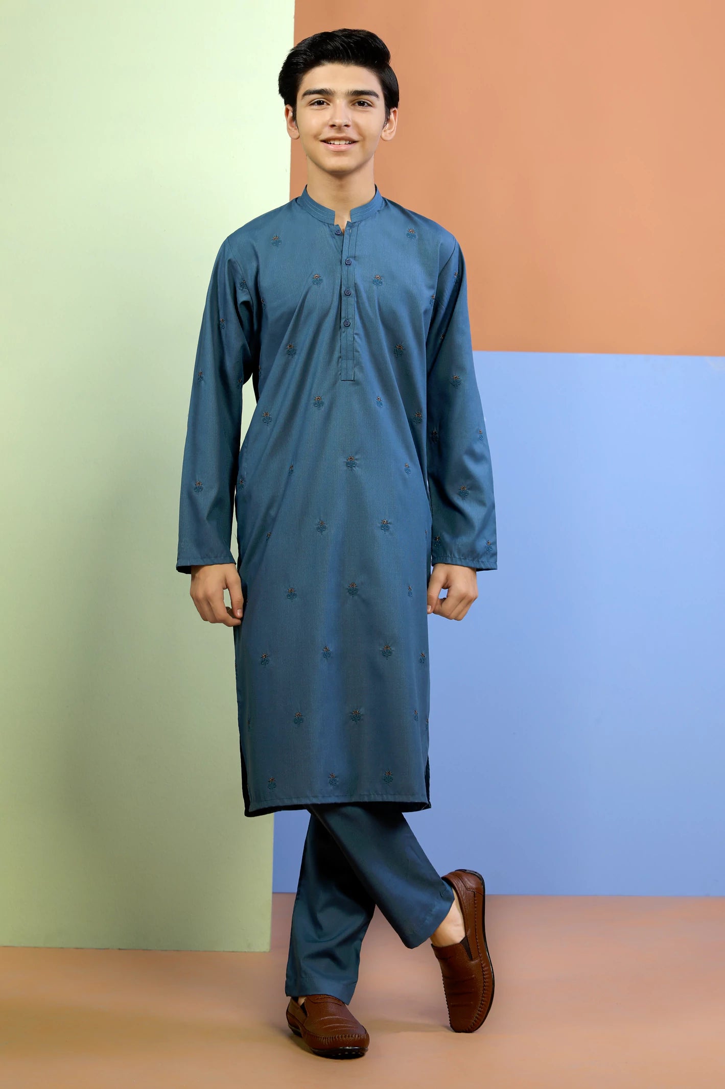 Blue Embroidered Boys Kurta Pajama From Diners