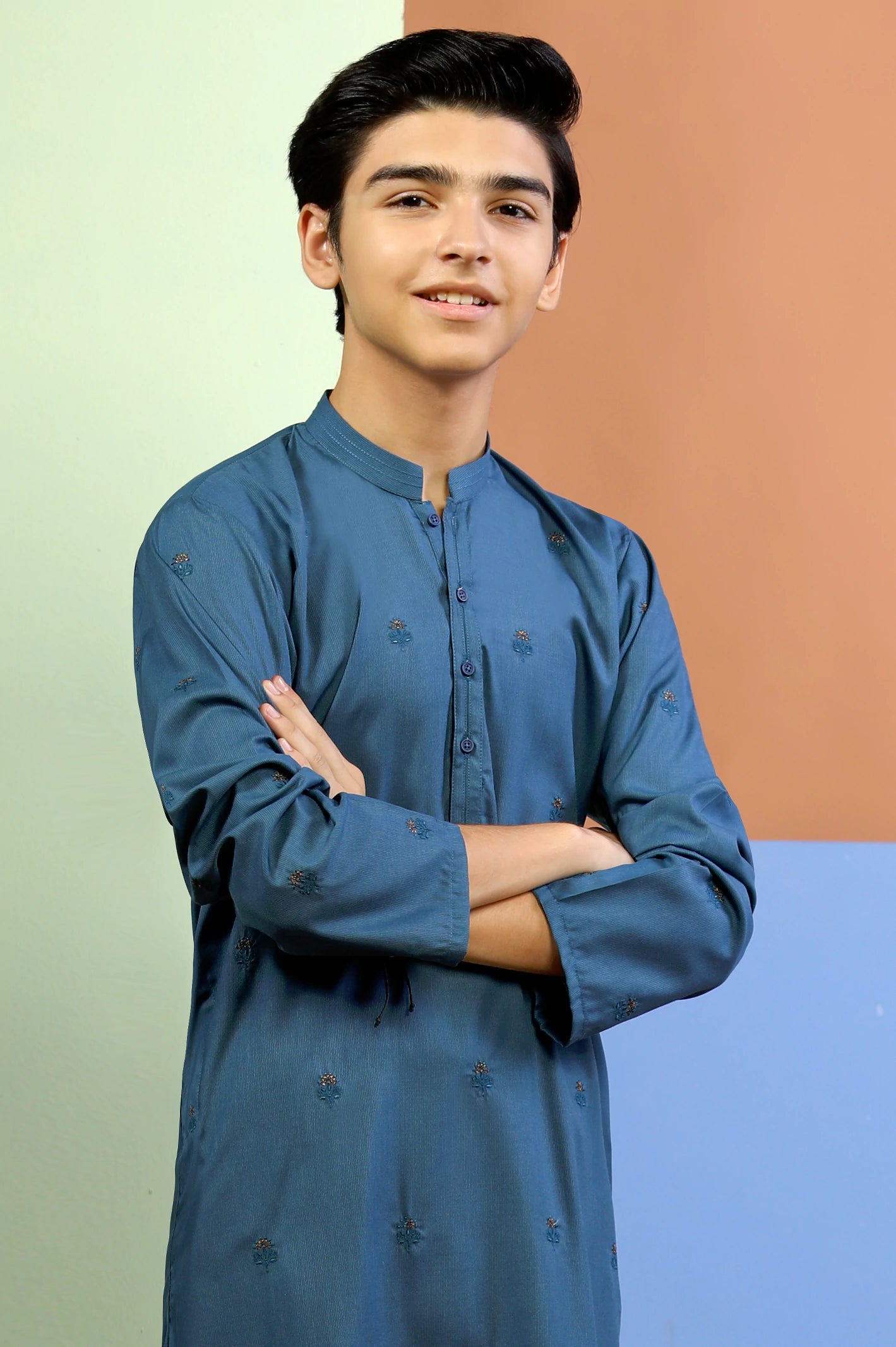 Blue Embroidered Boys Kurta Pajama From Diners