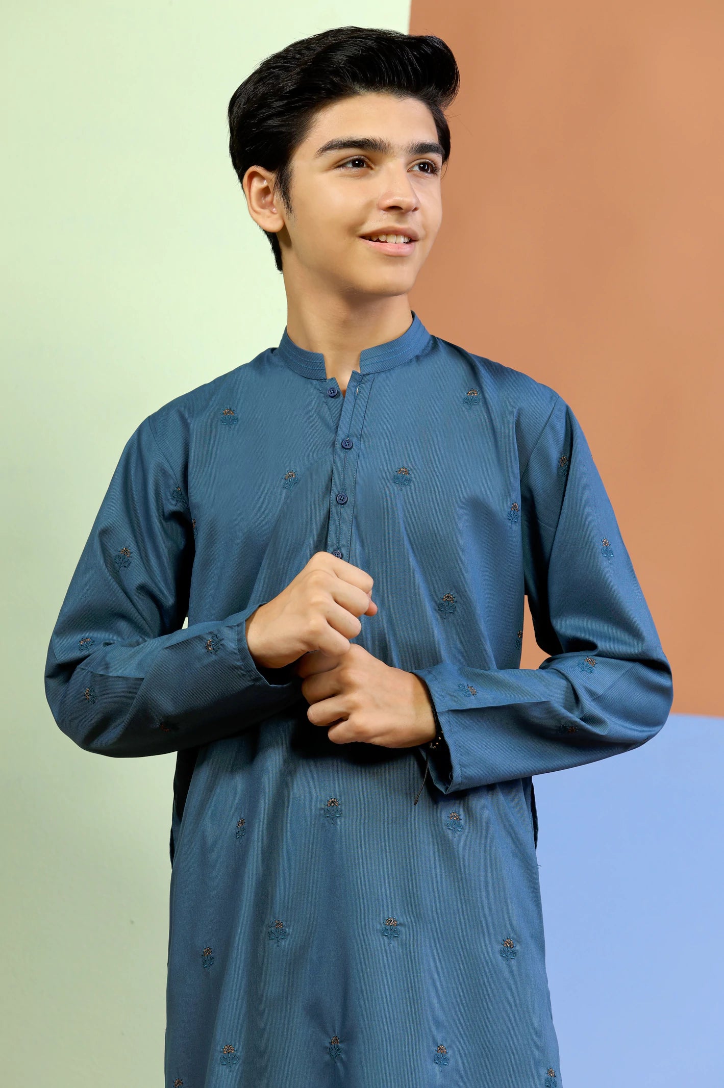 Blue Embroidered Boys Kurta Pajama From Diners