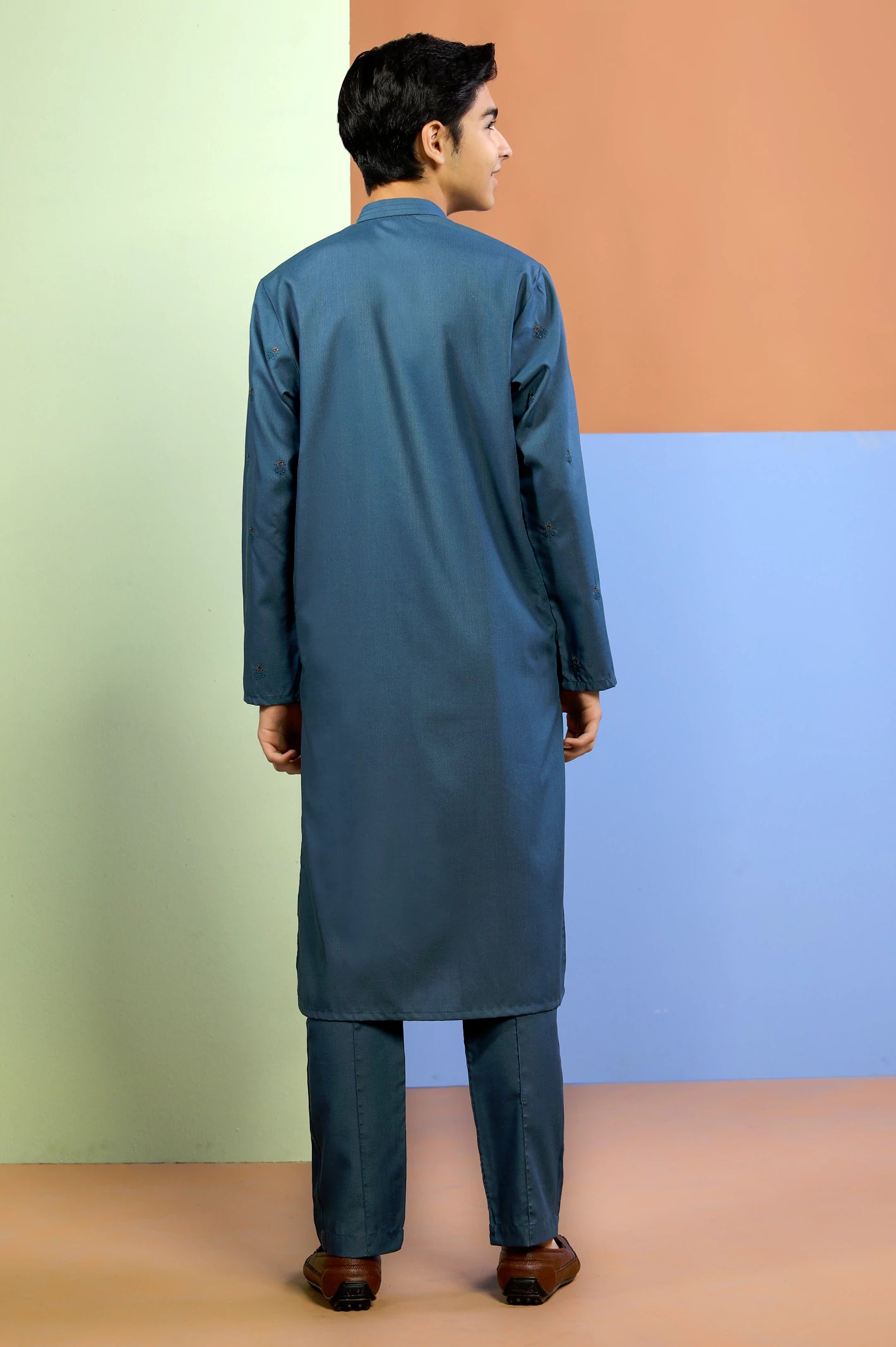 Blue Embroidered Boys Kurta Pajama From Diners