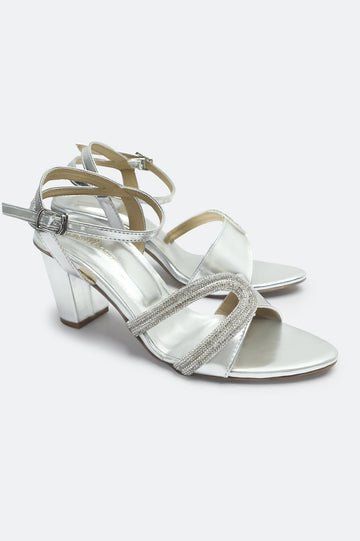 Women's Silver Strappy Block Heel Sandals