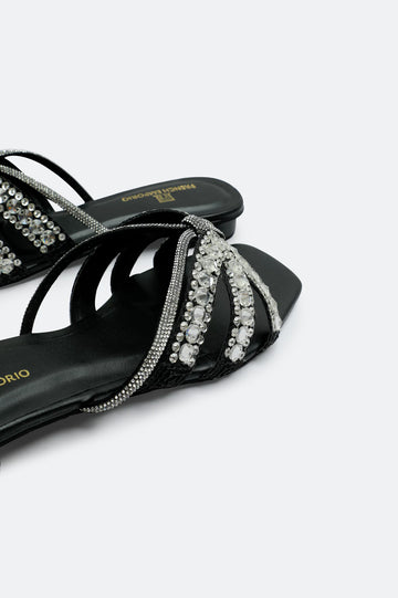 Black Crystal Bow Slides Slippers