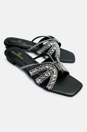Black Crystal Bow Slides Slippers