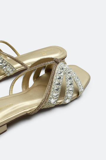 Golden Crystal Bow Slides Slippers
