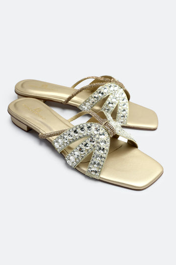 Golden Crystal Bow Slides Slippers