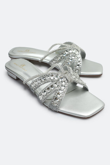 Silver Crystal Bow Slides Slippers