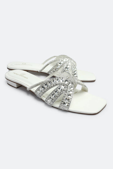 White Crystal Bow Slides Slippers