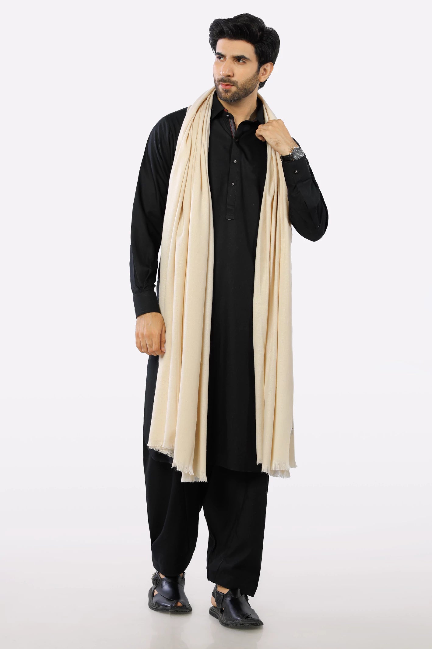 Off White Woolen Men Shawl Form Diner