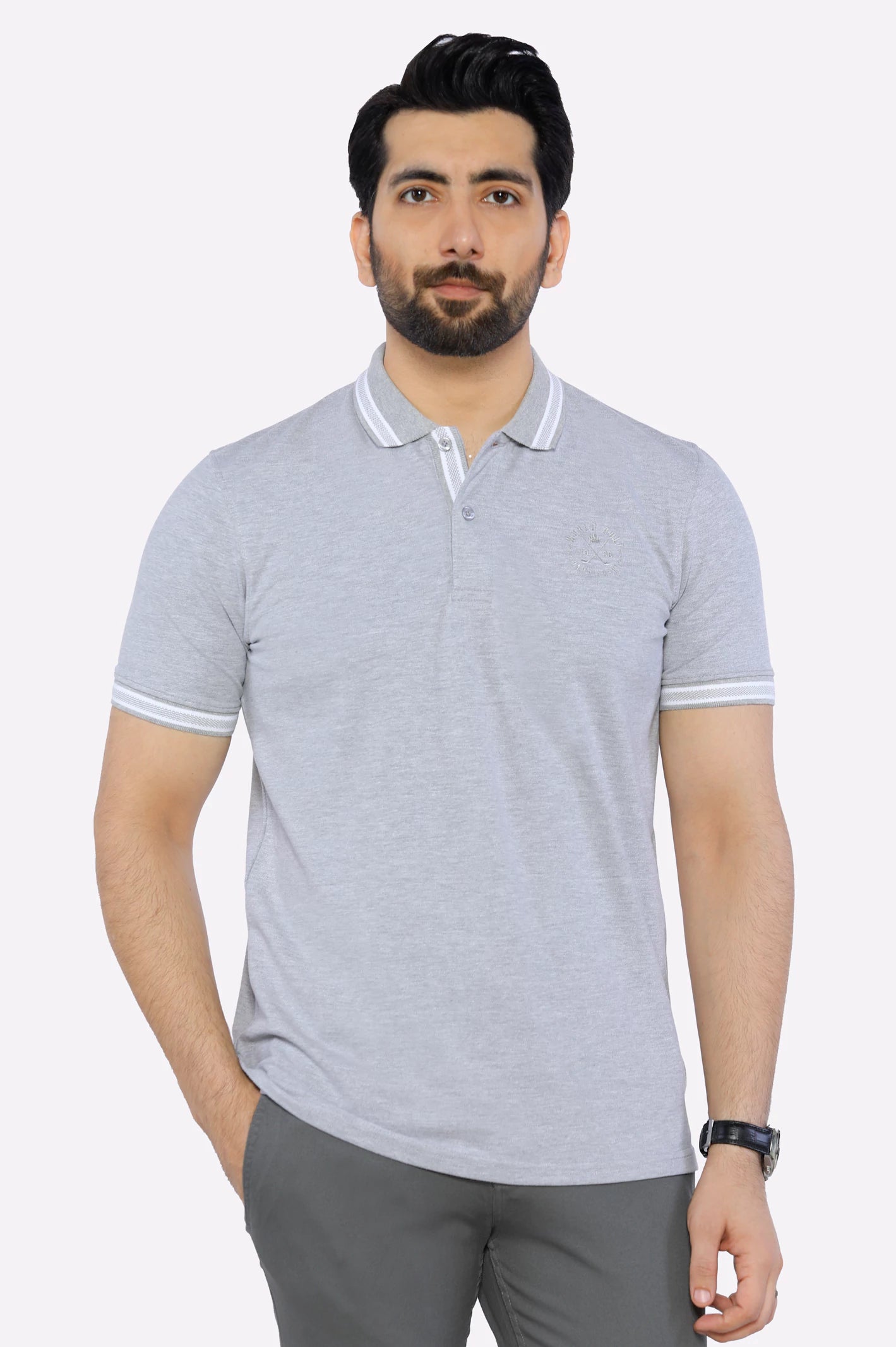 Heather Grey Jacquard Collar Polo – Diners Pakistan