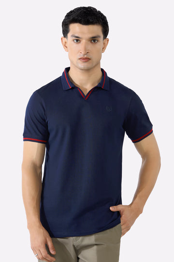 Navy Blue Solid Collar Lycra Polo
