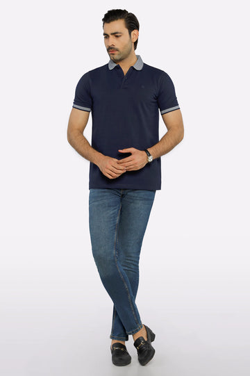 Navy Blue Jacquard Collar Polo