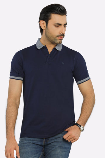 Navy Blue Jacquard Collar Polo