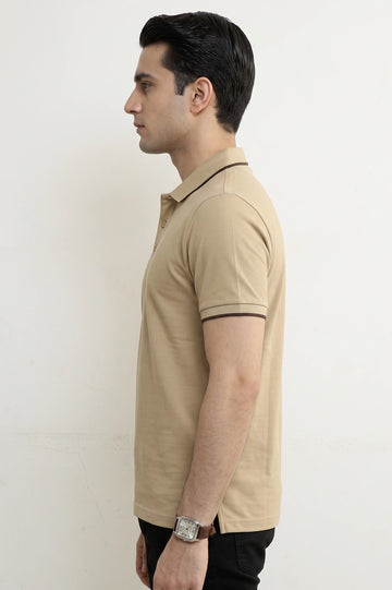 Men's Beige Tipping Collar Polo Shirt