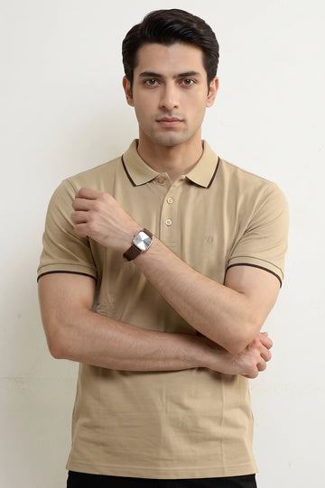 Men's Beige Tipping Collar Polo Shirt
