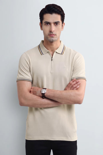 Men's Beige Half-Zip Polo Shirt