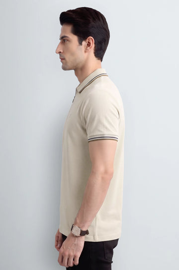 Men's Beige Half-Zip Polo Shirt