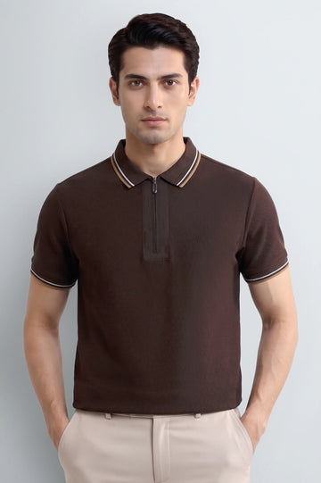 Men's Brown Half-Zip Polo Shirt