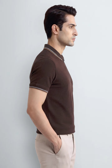 Men's Brown Half-Zip Polo Shirt