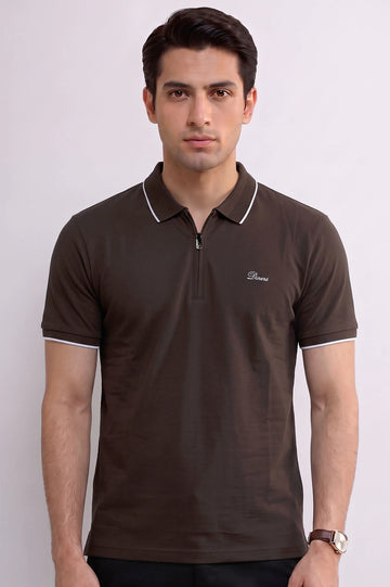 Men's Brown Zipper Polo Shirt