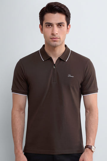 Men's Brown Zipper Polo Shirt
