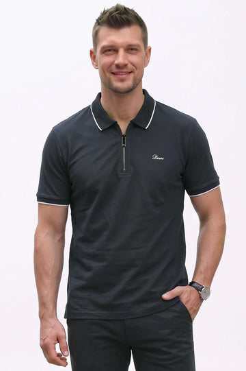Men's Navy Blue Zipper Polo Shirt