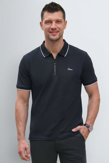 Men's Navy Blue Zipper Polo Shirt