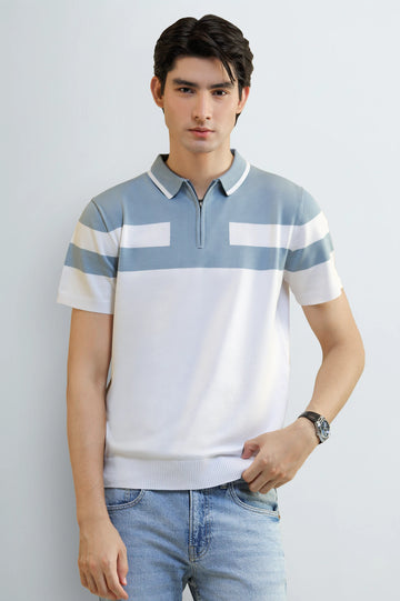 White Striped Zipper Polo Shirt