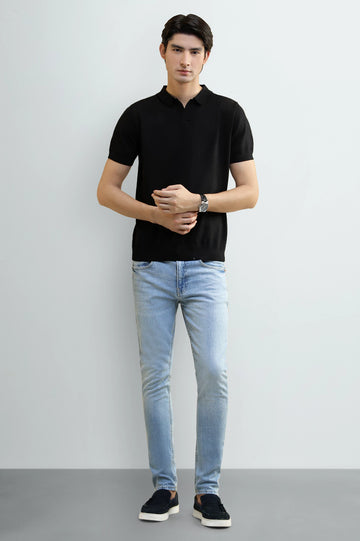 Black Knitted Short Sleeve Polo Shirt