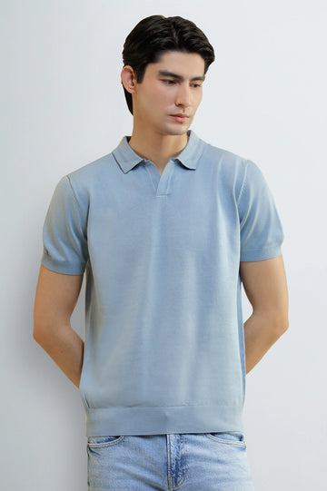 Light Blue Knitted Short Sleeve Polo Shirt