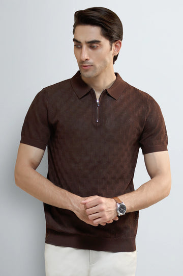 Brown Jacquard Collar Polo