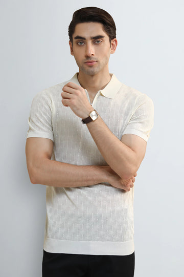 Cream Jacquard Collar Polo