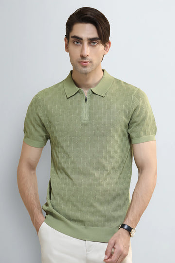 L-Green Jacquard Collar Polo
