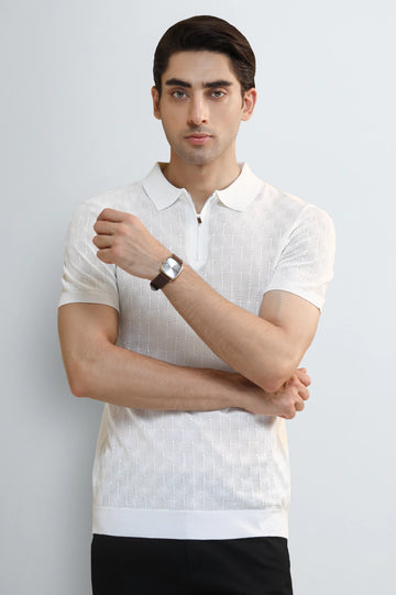 White Jacquard Collar Polo