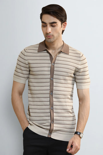 L-Brown Jacquard Collar Polo