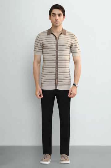 L-Brown Jacquard Collar Polo
