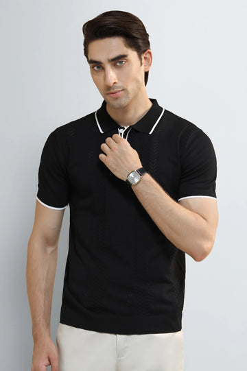 Black Jacquard Collar Polo