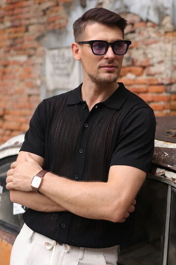 Black Crochet Knit Button-Down Polo Shirt