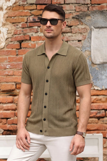 Fawn Crochet Knit Button-Down Polo Shirt