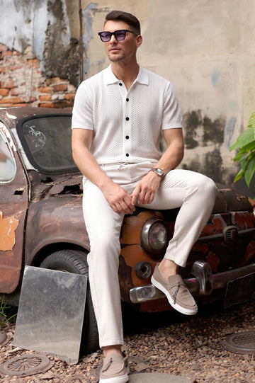 White Crochet Knit Button-Down Polo Shirt