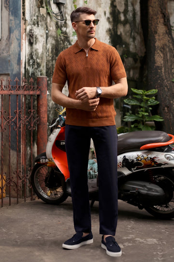 Men’s Brown Textured Knit Quarter-Zip Polo Shirt