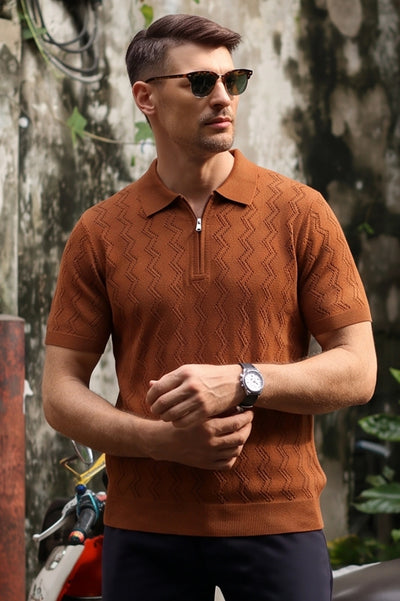 Men’s Brown Textured Knit Quarter-Zip Polo Shirt