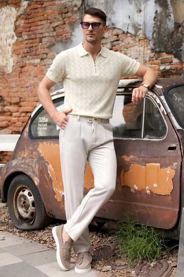Men’s Cream Textured Knit Quarter-Zip Polo Shirt