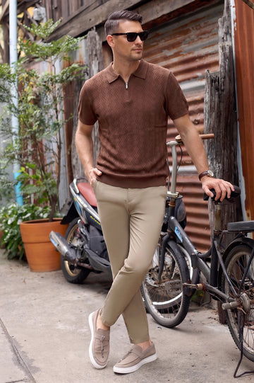 Dark Brown Textured Knit Quarter-Zip Polo Shirt