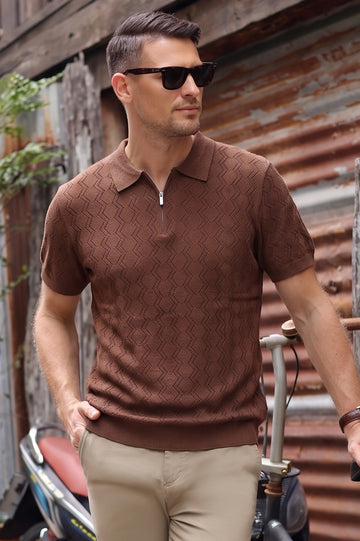 Dark Brown Textured Knit Quarter-Zip Polo Shirt