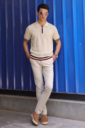Beige Quarter-Zip Knit Polo Shirt