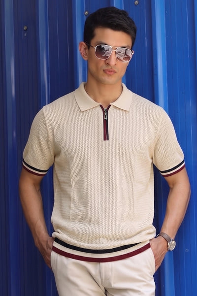 Beige Quarter-Zip Knit Polo Shirt