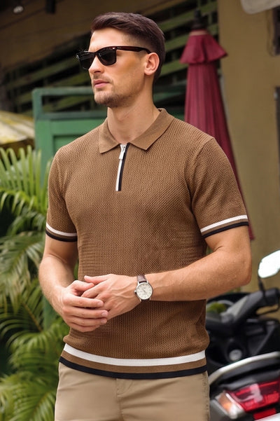 Brown Quarter-Zip Knit Polo Shirt